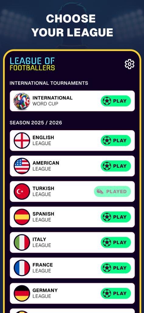Choose your league — play daily challenges across 15 football leagues including Premier League, La Liga and Süper Lig