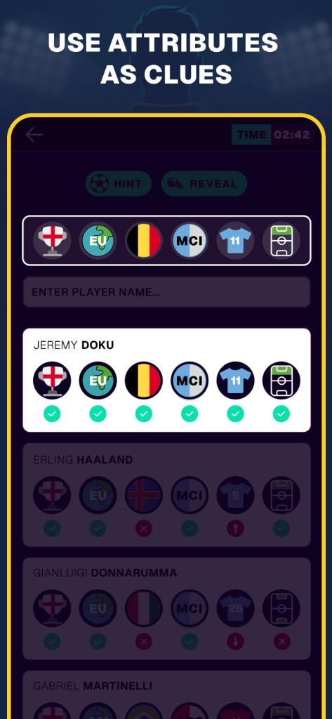 Use attributes as clues — nationality, continent, team, shirt number, and position reveal progressively
