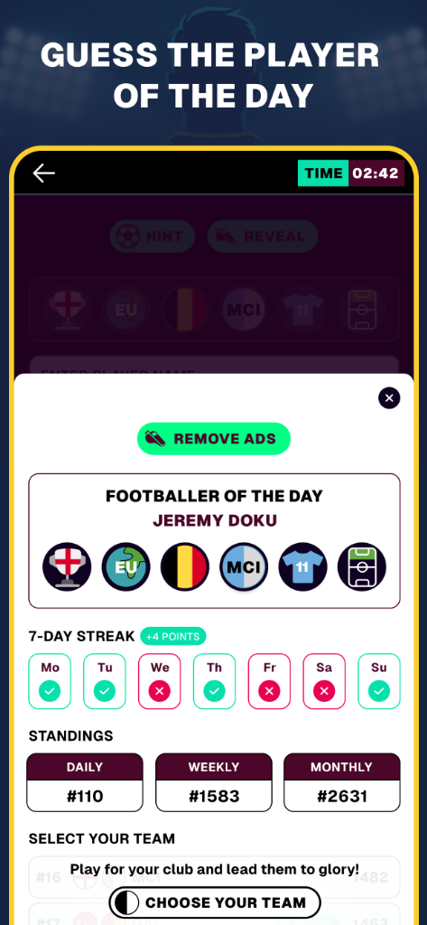 Guess the player of the day — view results, track your 7-day streak, and check standings